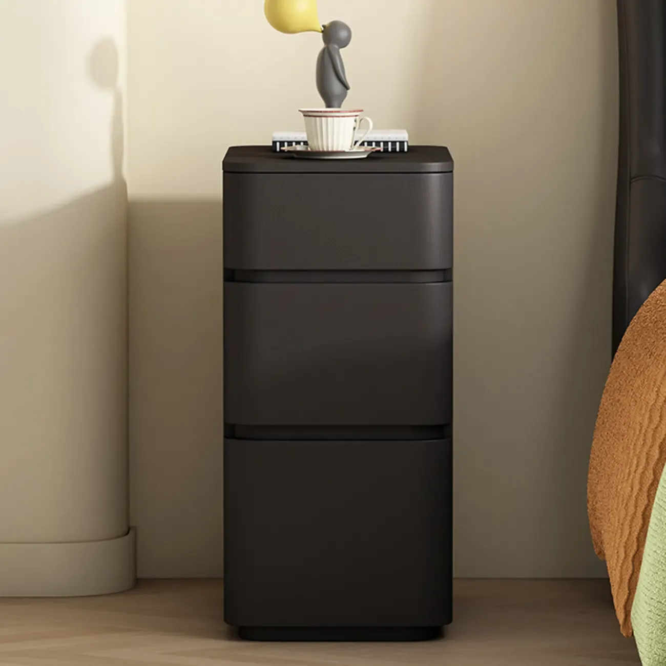 Narrow Leather Wood 3-Drawer Black Nightstand Image - 1