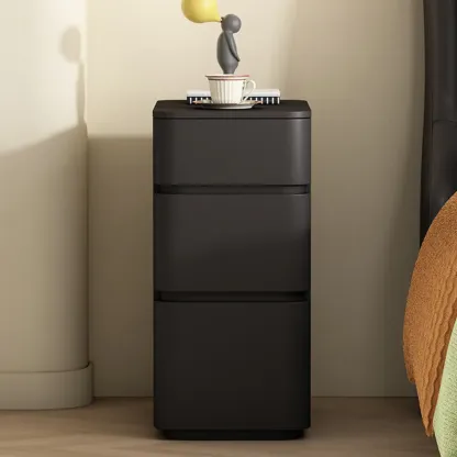 Narrow Leather Wood 3-Drawer Black Nightstand Image - 1