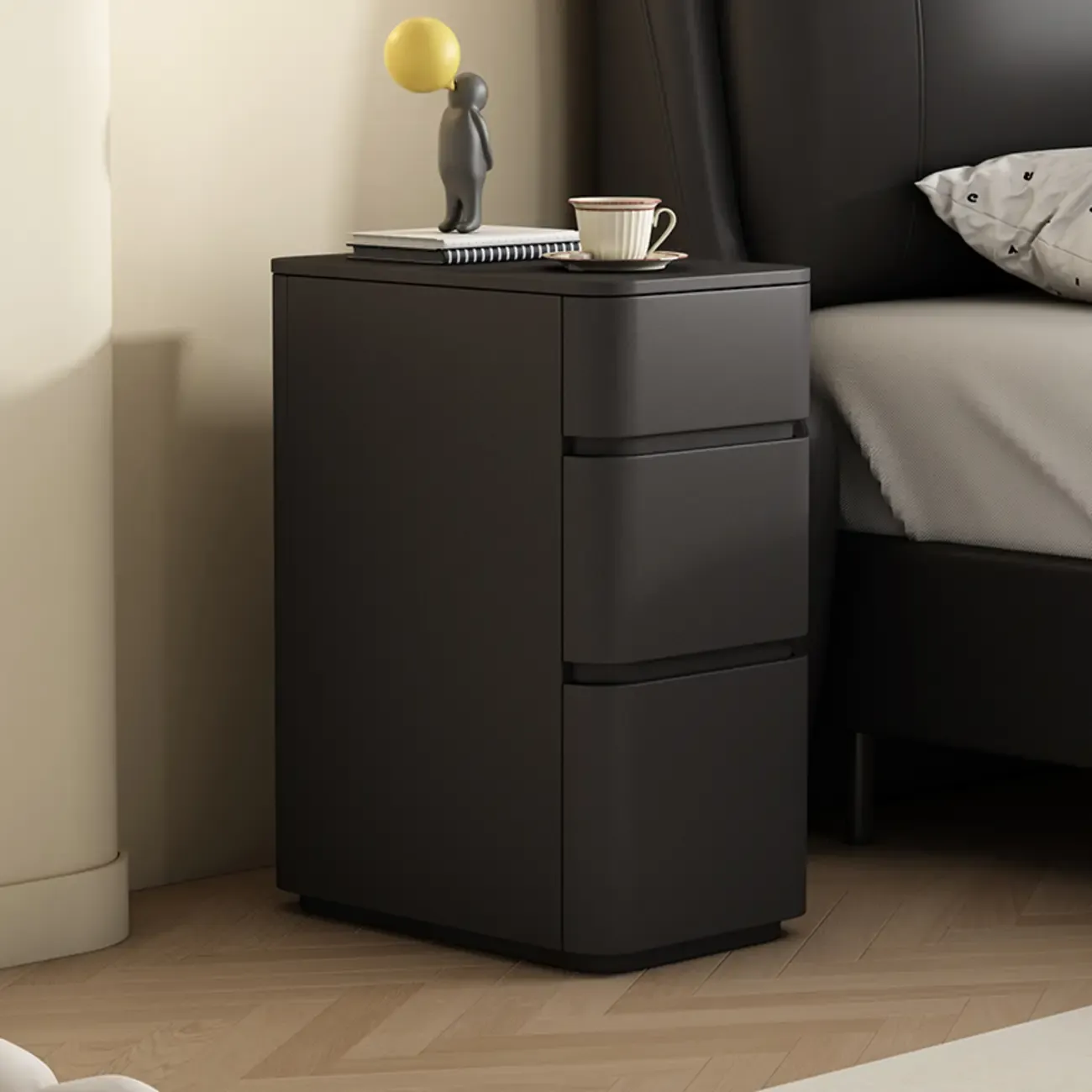 Narrow Leather Wood 3-Drawer Black Nightstand Image - 3