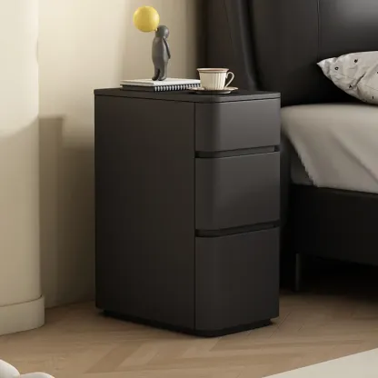 Narrow Leather Wood 3-Drawer Black Nightstand Image - 3