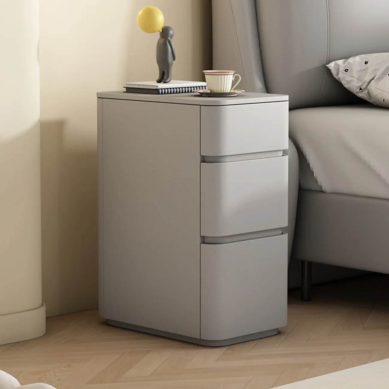 Narrow Leather Wood 3-Drawer Black Nightstand Image - 2 | homeyfad