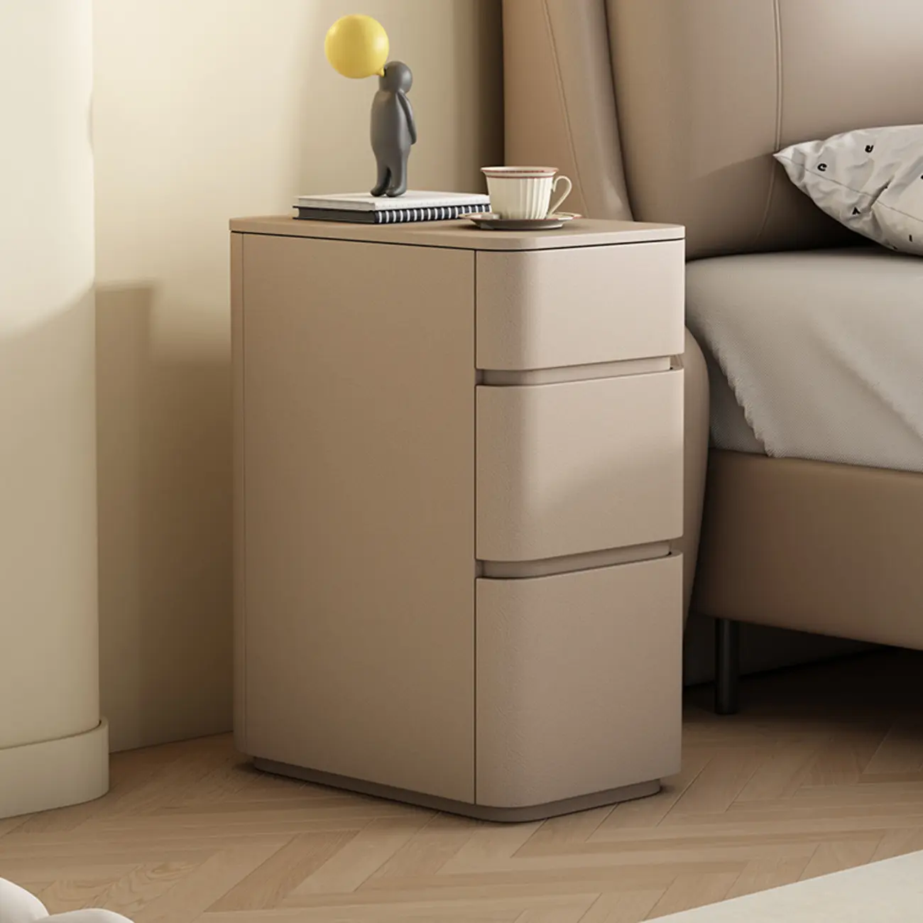 Narrow Leather Wood 3-Drawer Black Nightstand Image - 4 | homeyfad