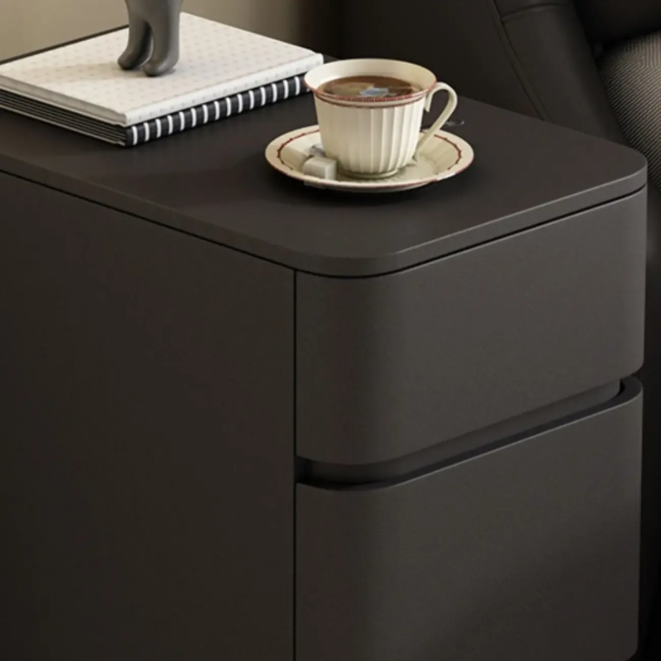 Narrow Leather Wood 3-Drawer Black Nightstand Image - 8