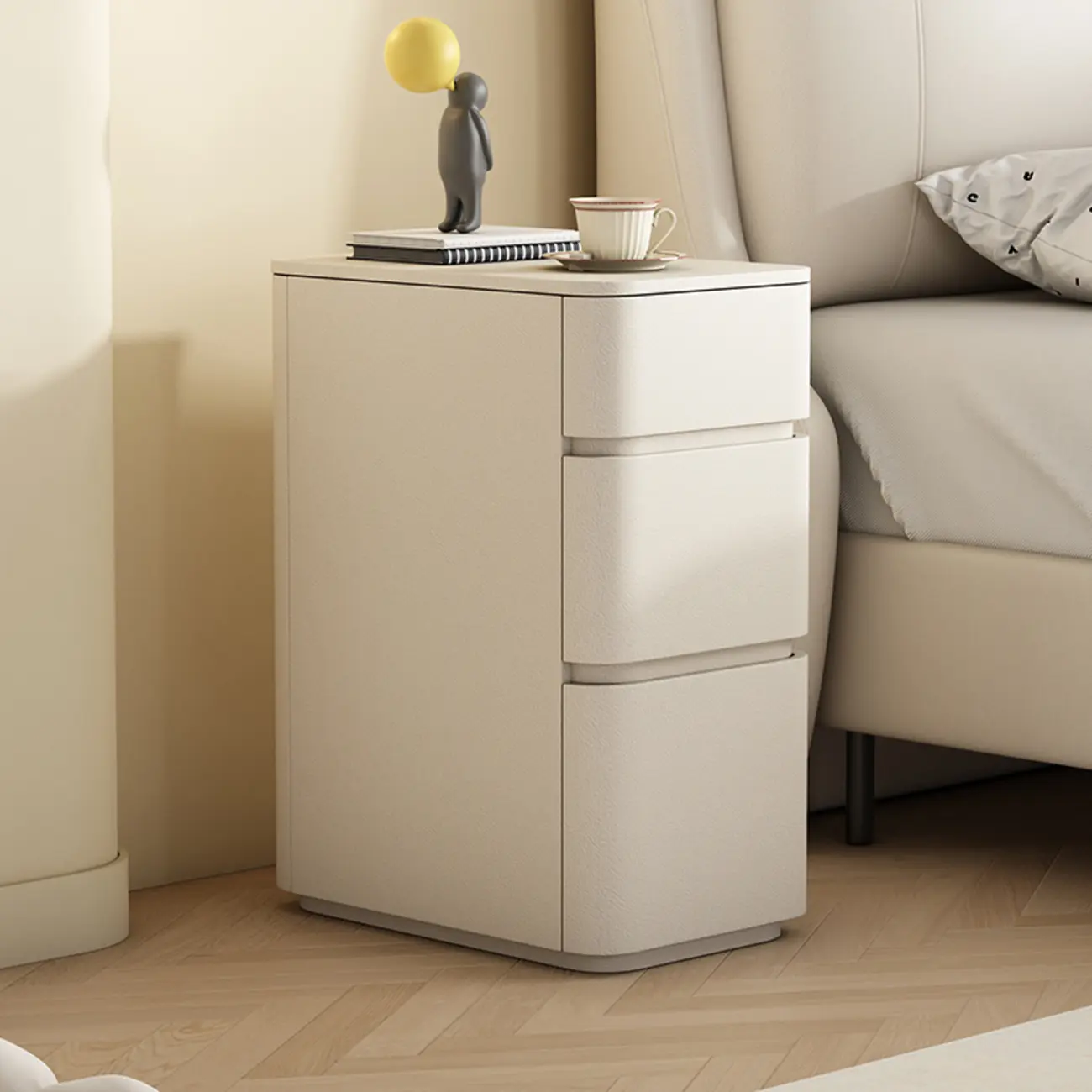 Narrow Leather Wood 3-Drawer Black Nightstand Image - 6 | homeyfad