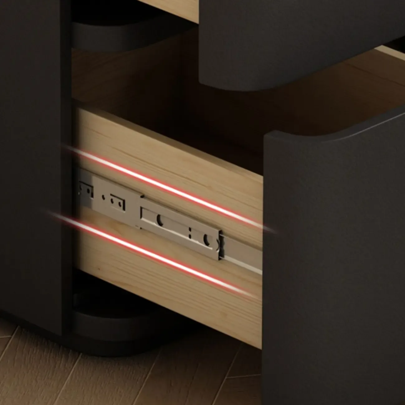 Narrow Leather Wood 3-Drawer Black Nightstand Image - 5