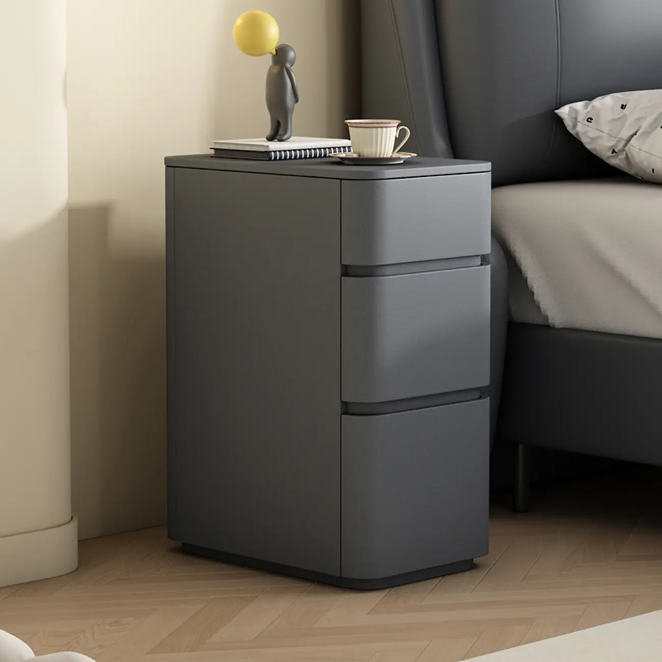 Narrow Leather Wood 3-Drawer Black Nightstand Image - 7 | homeyfad