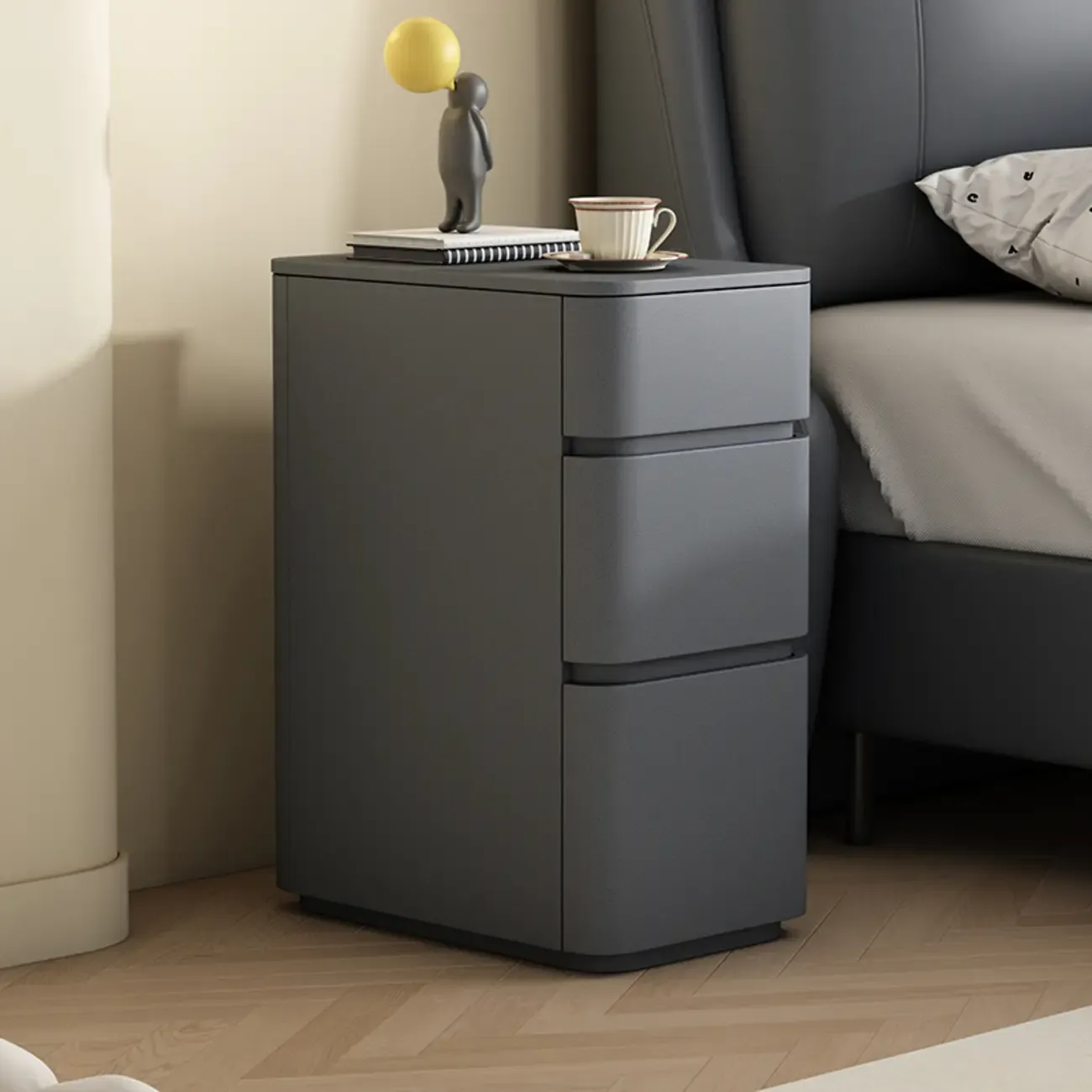 Narrow Leather Wood 3-Drawer Black Nightstand Image - 7