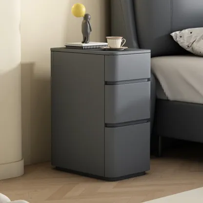 Narrow Leather Wood 3-Drawer Black Nightstand Image - 7