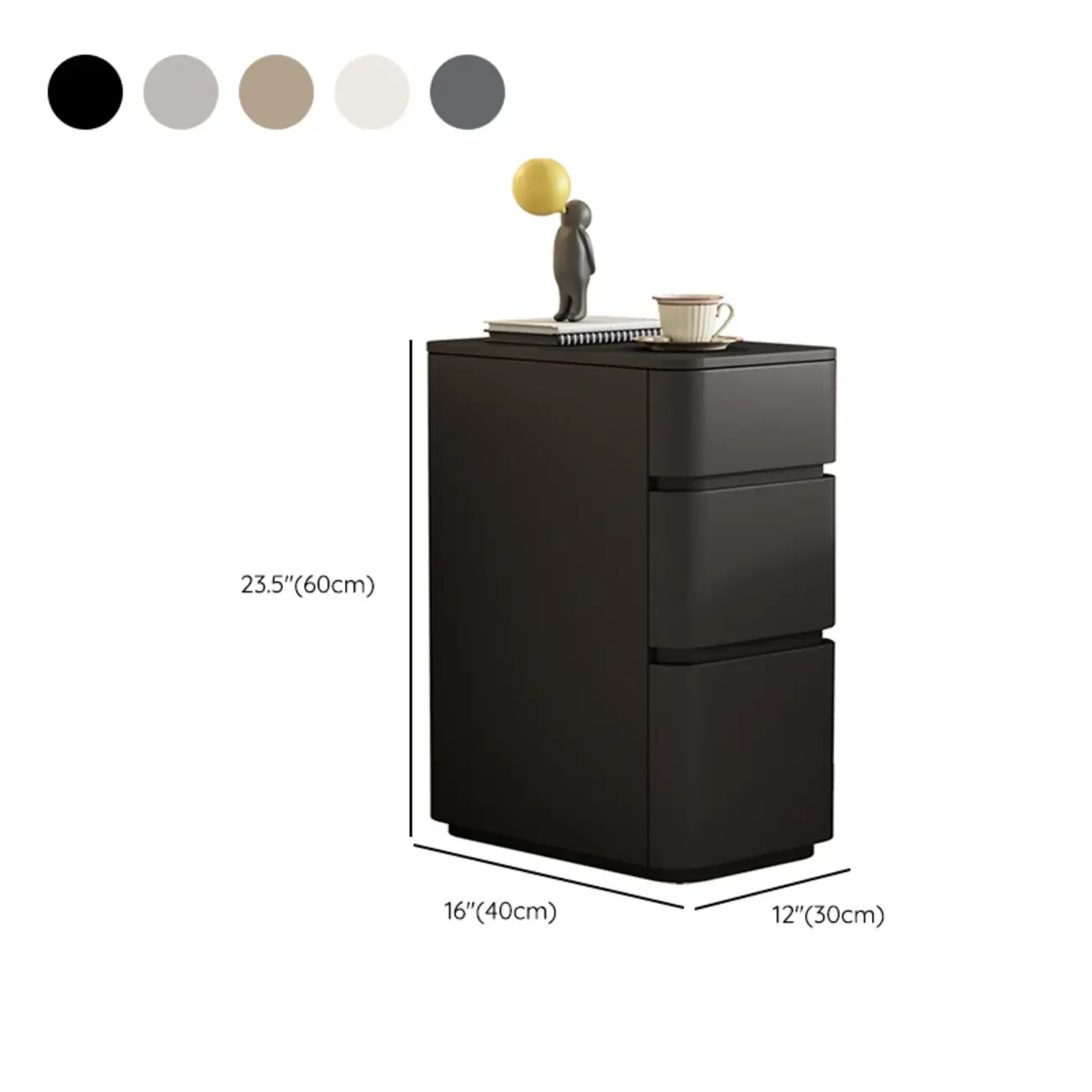 Narrow Leather Wood 3-Drawer Black Nightstand #size
