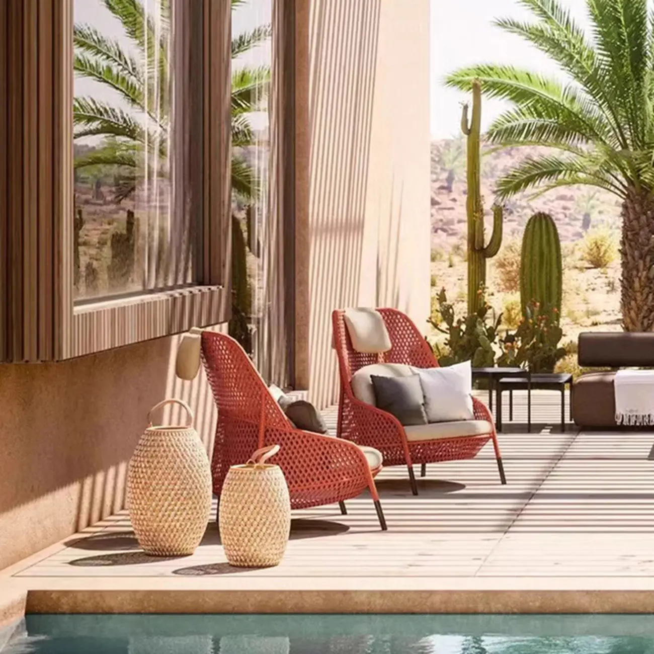 Orange Waterproof Rattan Outdoor Sofa with Cushions Image - 1 | homeyfad