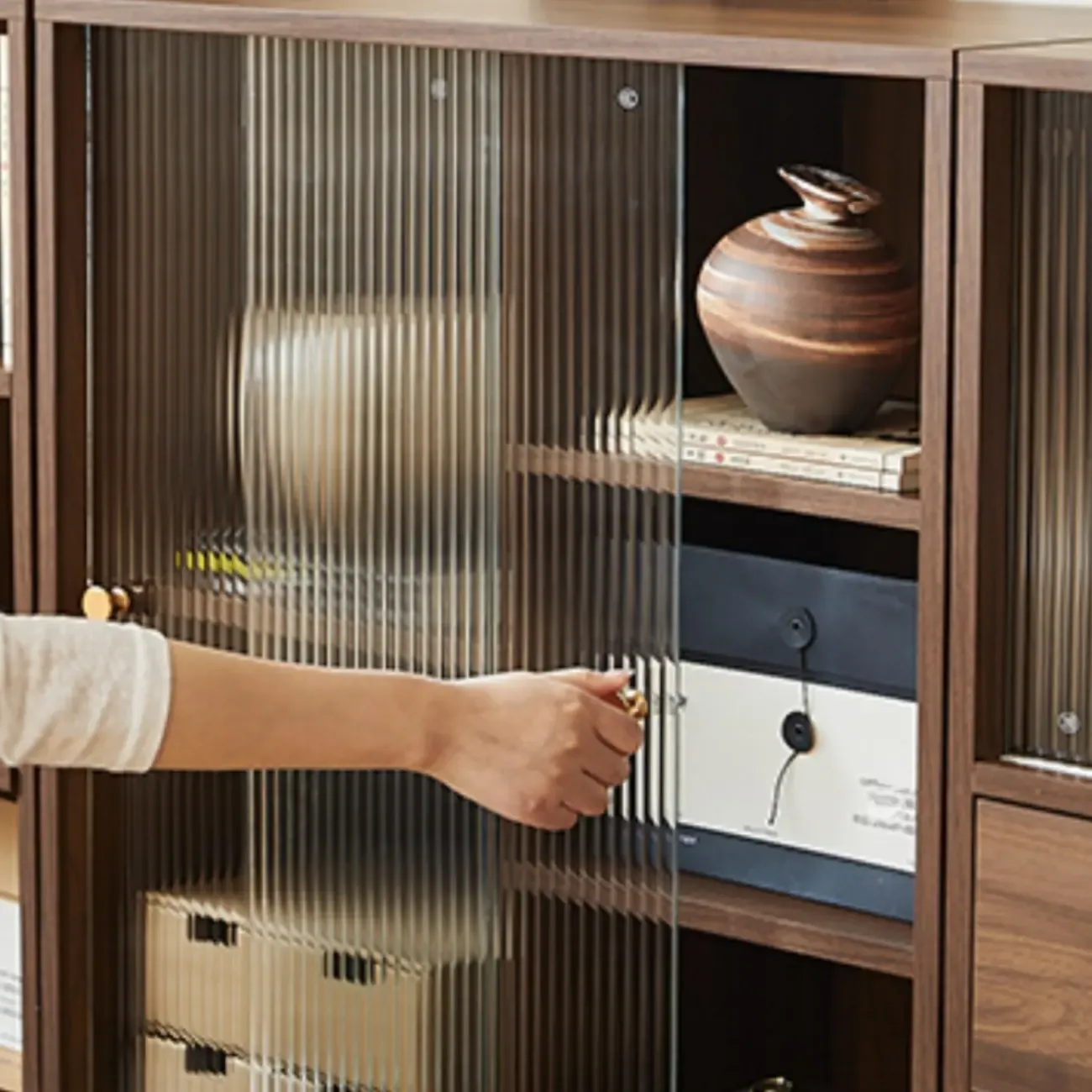 Short Modern Brown Wooden Cube Bookcase with Doors Image - 7