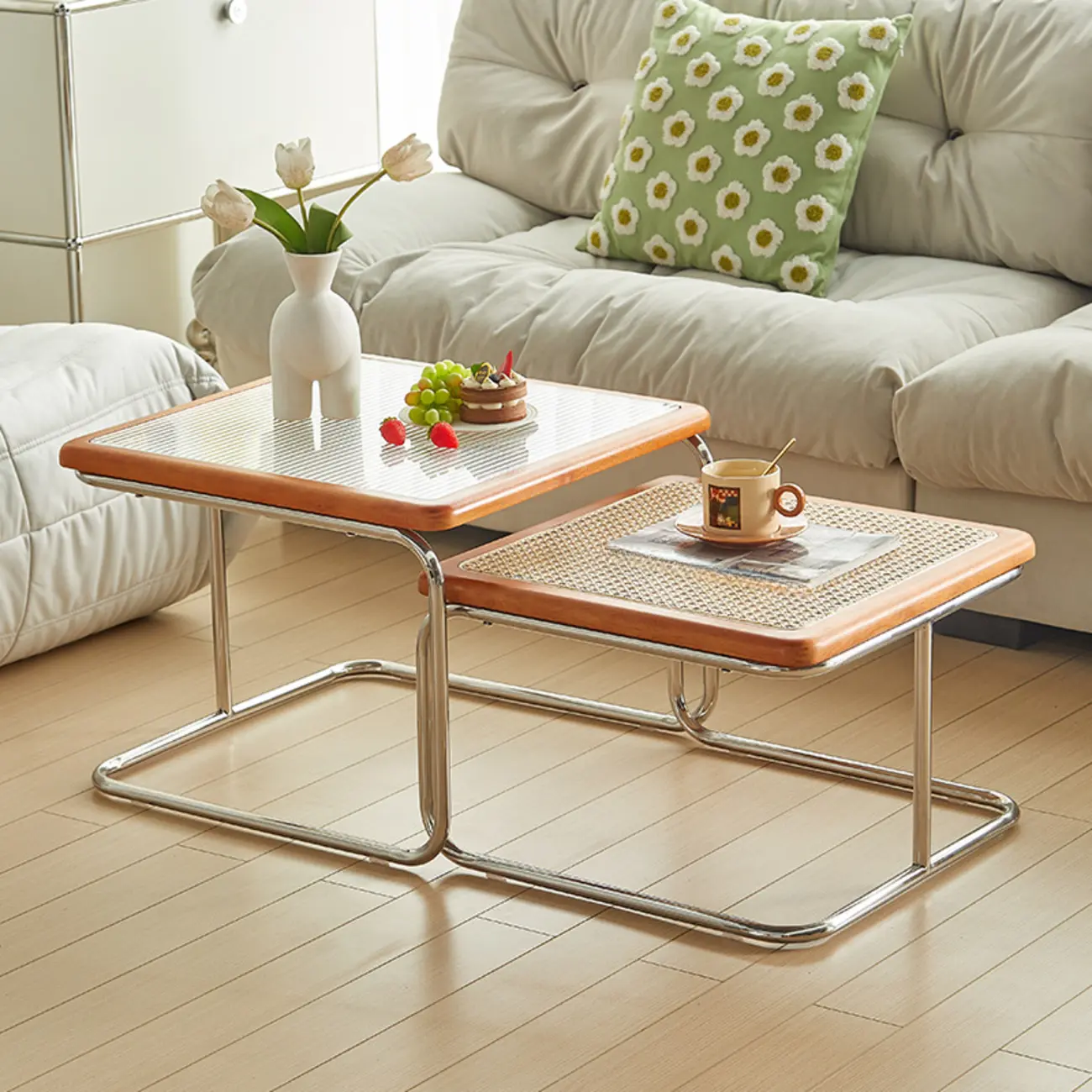 Cherry Finish Rattan Glass Square Nesting Coffee Table Image - 3 | homeyfad