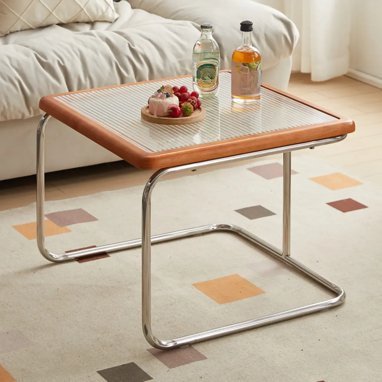 Cherry Finish Rattan Glass Square Nesting Coffee Table Image - 5