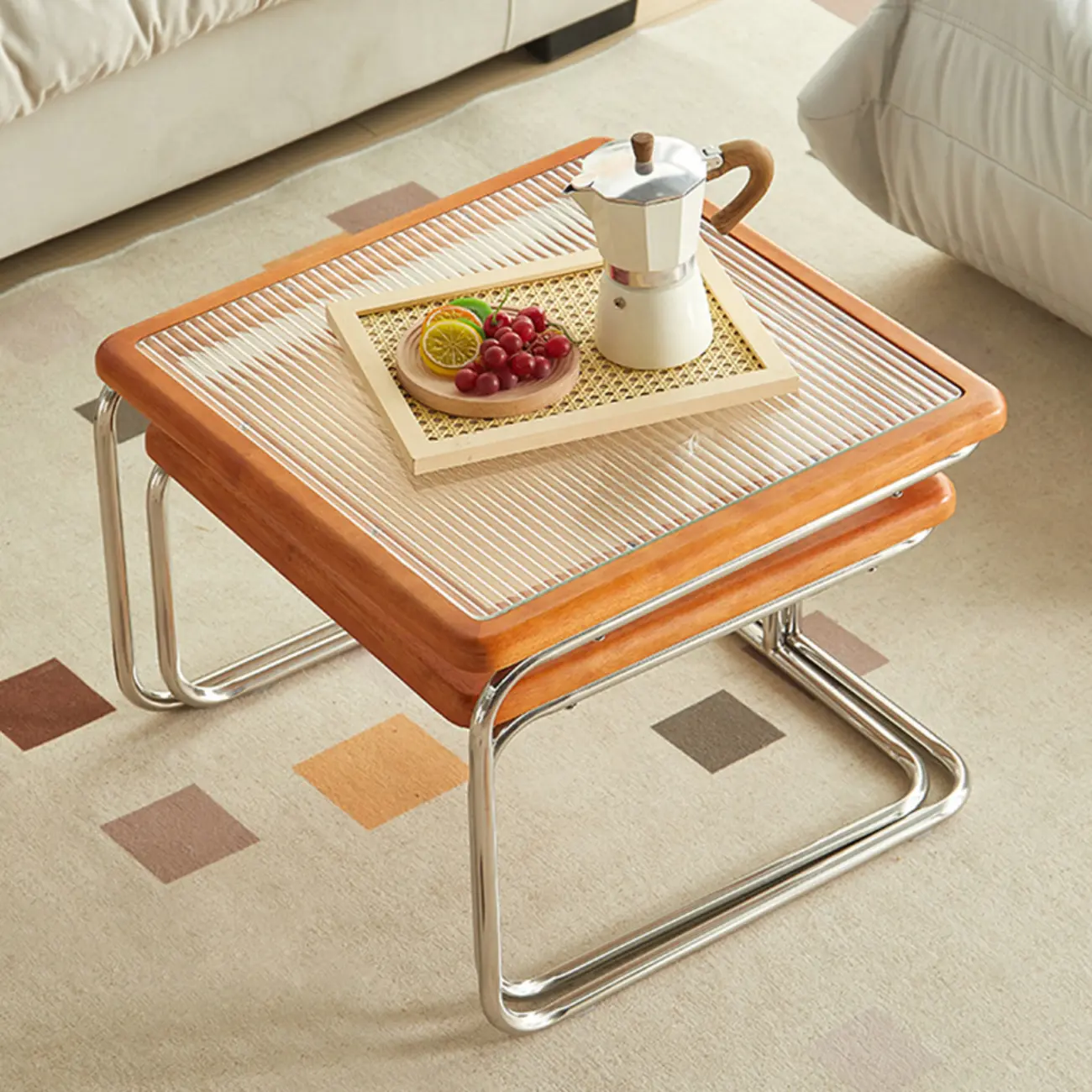 Cherry Finish Rattan Glass Square Nesting Coffee Table Image - 2 | homeyfad