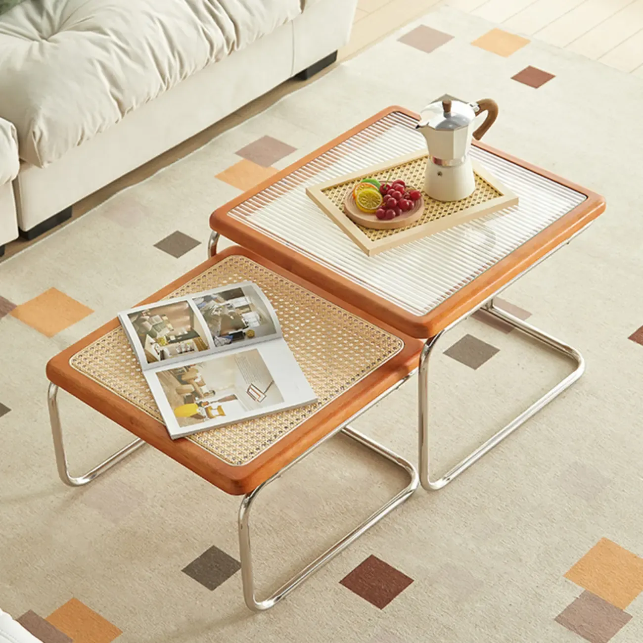 Cherry Finish Rattan Glass Square Nesting Coffee Table Image - 7