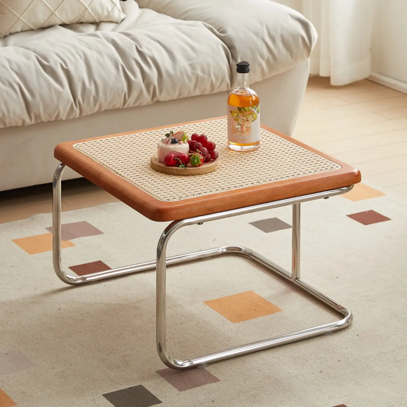 Cherry Finish Rattan Glass Square Nesting Coffee Table Image - 8 | homeyfad