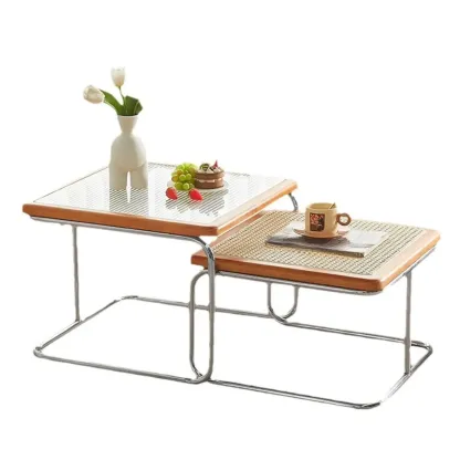 Cherry Finish Rattan Glass Square Nesting Coffee Table Image - 14