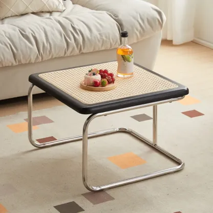 Cherry Finish Rattan Glass Square Nesting Coffee Table Image - 9