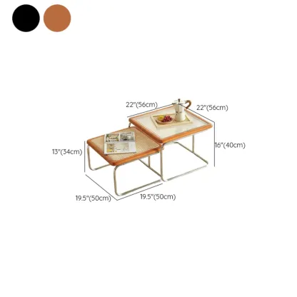 Cherry Finish Rattan Glass Square Nesting Coffee Table Image - 17