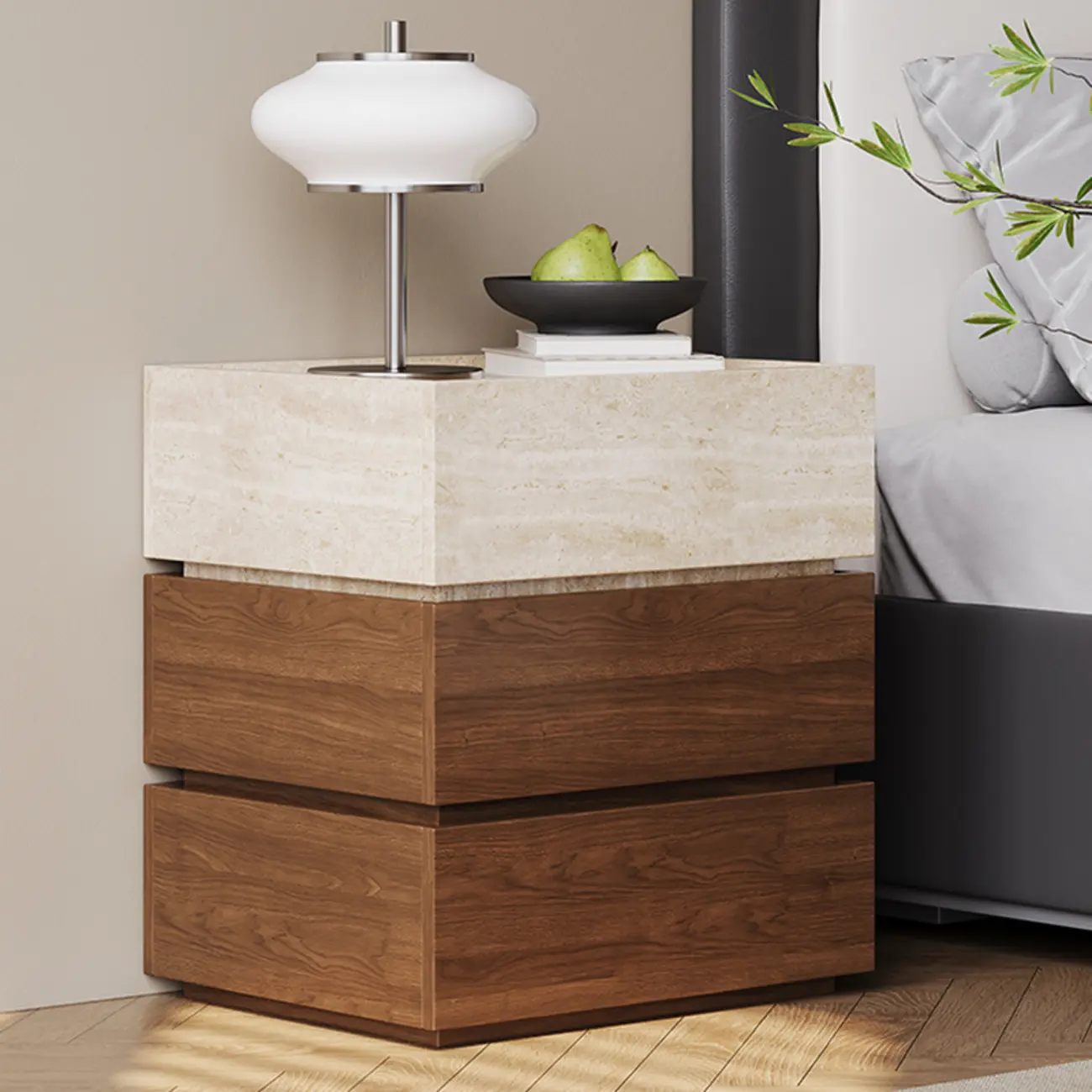 Scandinavian Brown And Beige Wood Nightstand 3-drawer Image - 1 | homeyfad