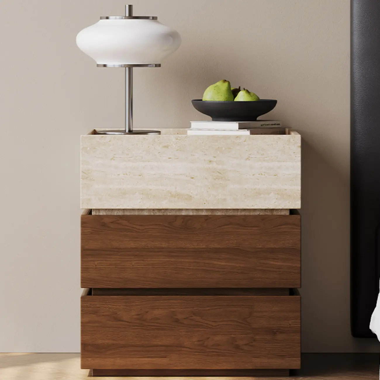 Scandinavian Brown And Beige Wood Nightstand 3-drawer Image - 4 | homeyfad