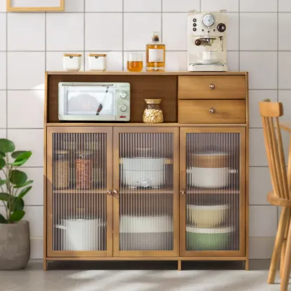 Minimalist Brown Bamboo Glass Door Buffet Cabinet Image - 1