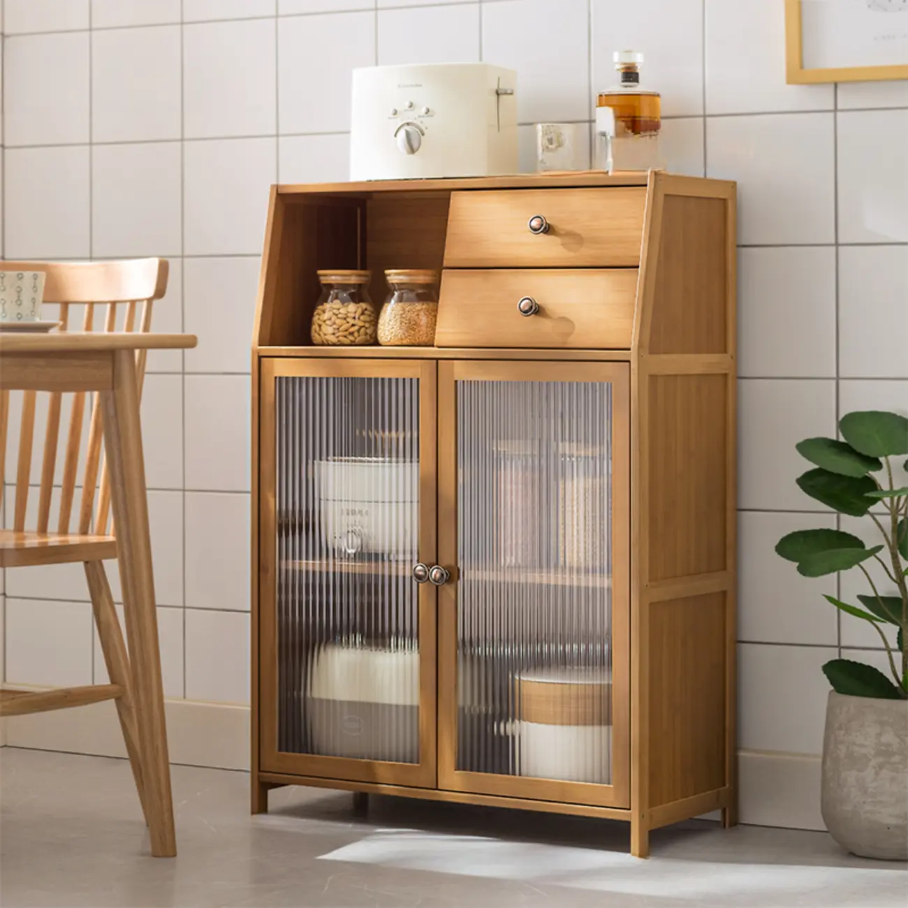 Minimalist Brown Bamboo Glass Door Buffet Cabinet Image - 2 | homeyfad