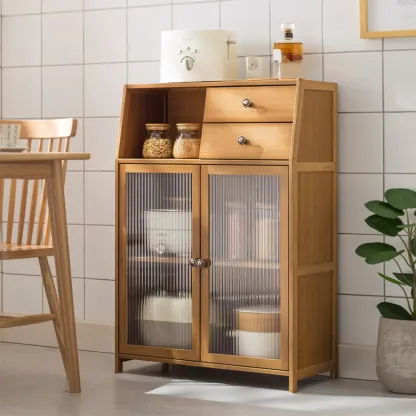 Minimalist Brown Bamboo Glass Door Buffet Cabinet Image - 2