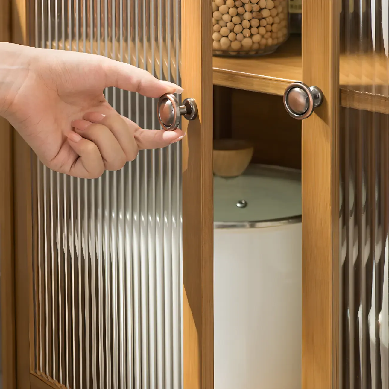 Minimalist Brown Bamboo Glass Door Buffet Cabinet Image - 5