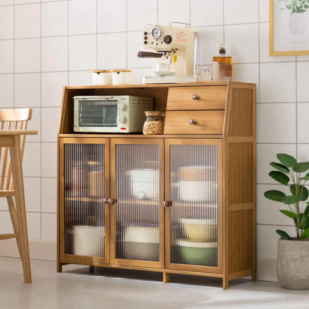 Minimalist Brown Bamboo Glass Door Buffet Cabinet Image - 3