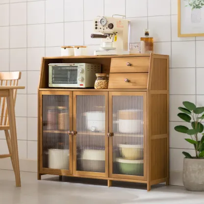 Minimalist Brown Bamboo Glass Door Buffet Cabinet Image - 3
