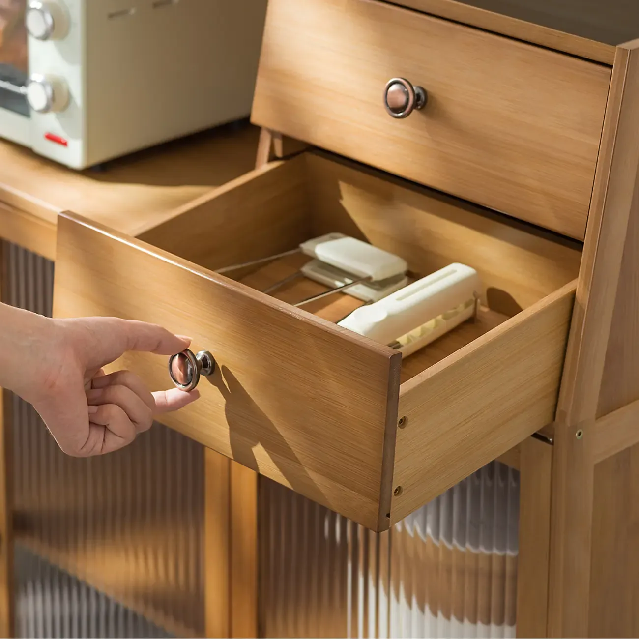 Minimalist Brown Bamboo Glass Door Buffet Cabinet Image - 6