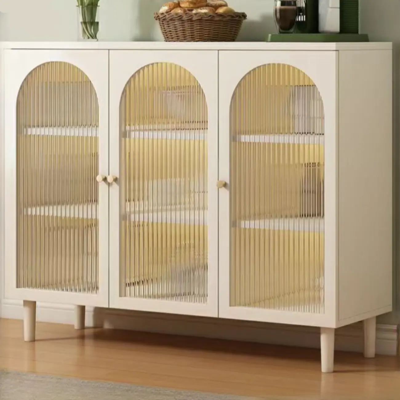 Minimalist Off-White Arched Glass Kitchen Sideboard Cabinet Image - 1 | homeyfad