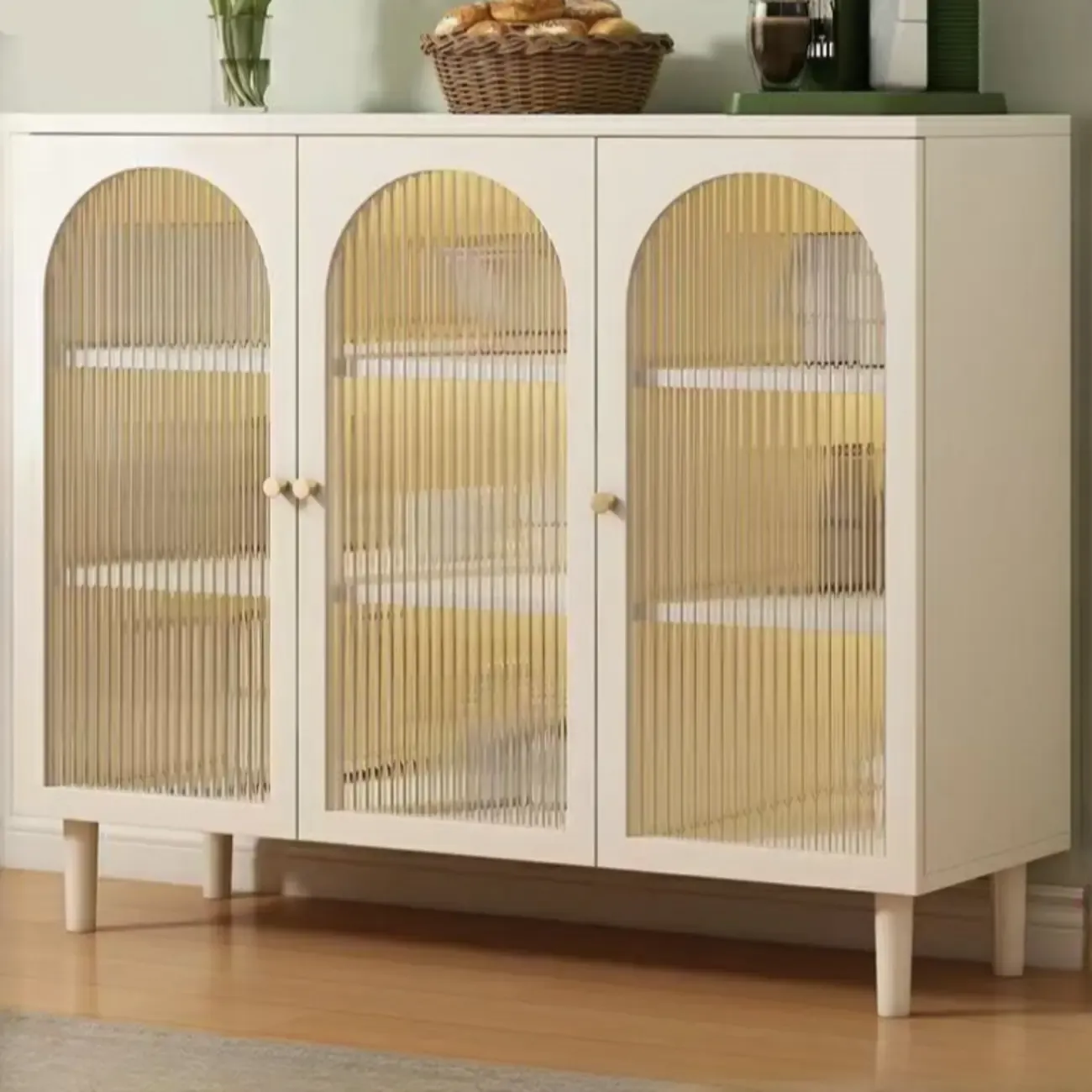 Minimalist Off-White Arched Glass Kitchen Sideboard Cabinet Image - 1