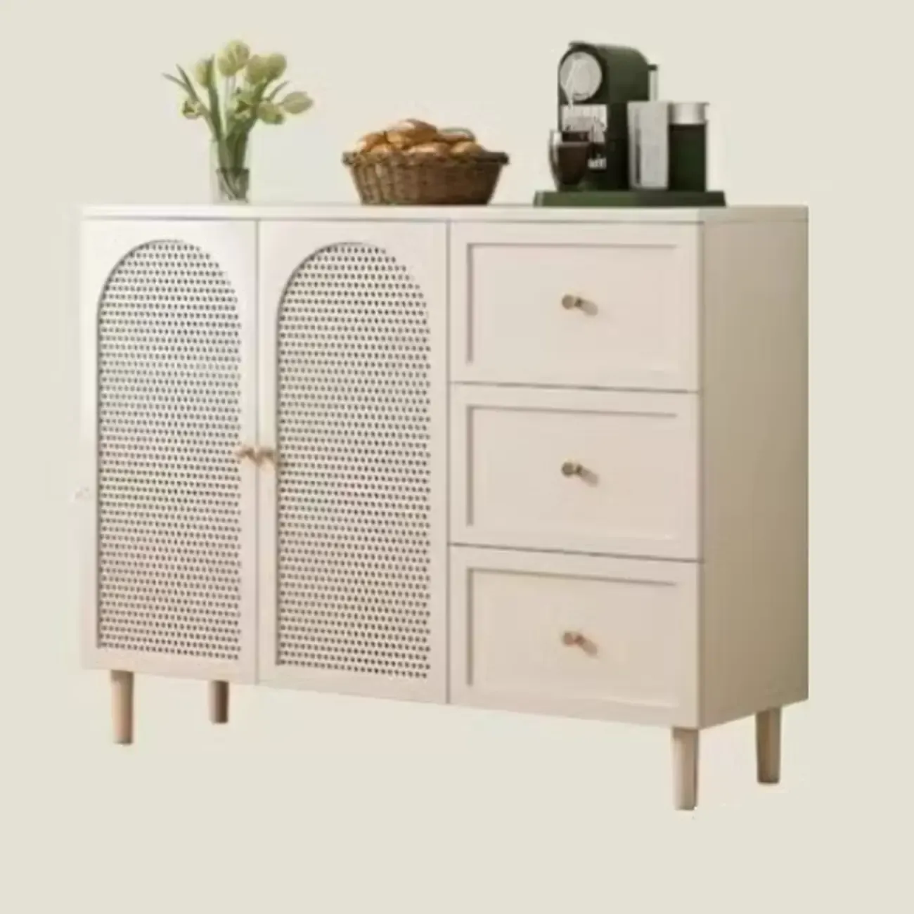 Minimalist Off-White Arched Glass Kitchen Sideboard Cabinet Image - 8