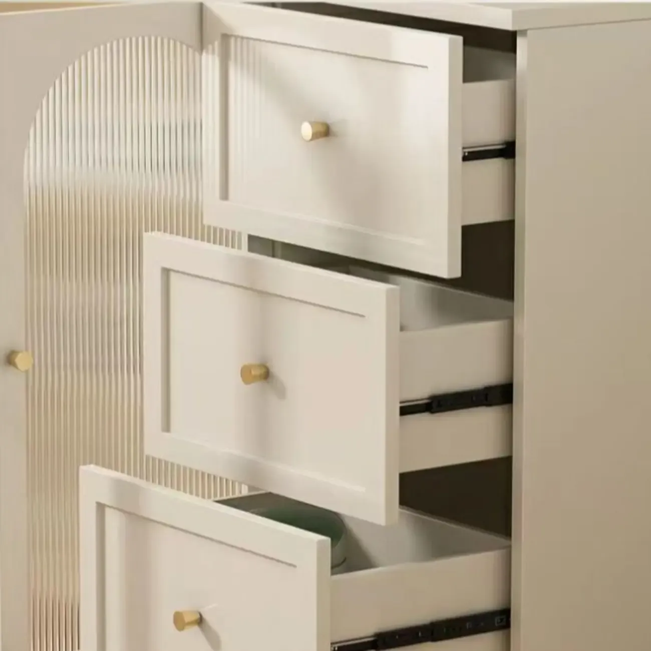 Minimalist Off-White Arched Glass Kitchen Sideboard Cabinet Image - 3