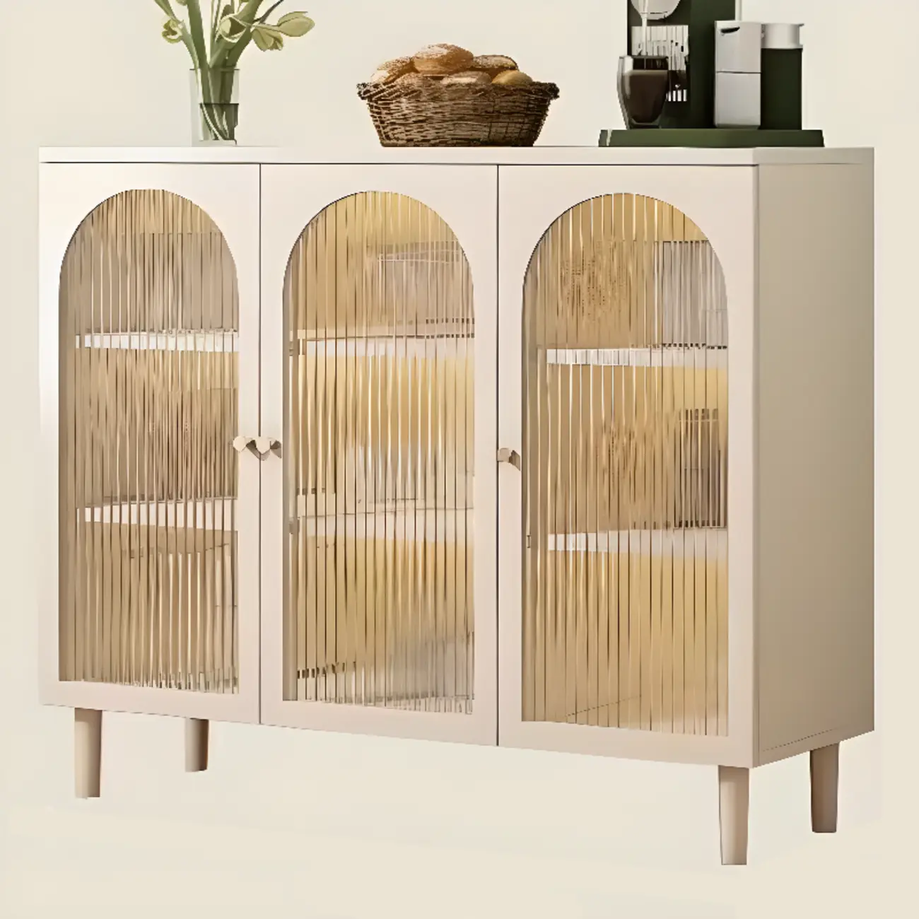 Minimalist Off-White Arched Glass Kitchen Sideboard Cabinet Image - 9 | homeyfad