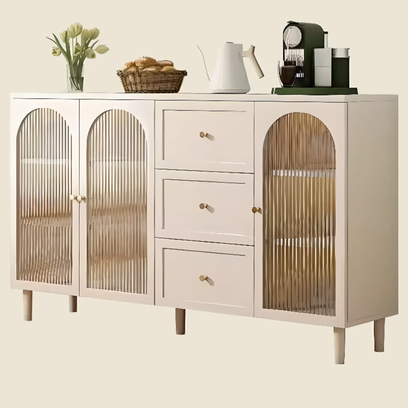 Minimalist Off-White Arched Glass Kitchen Sideboard Cabinet Image - 2 | homeyfad