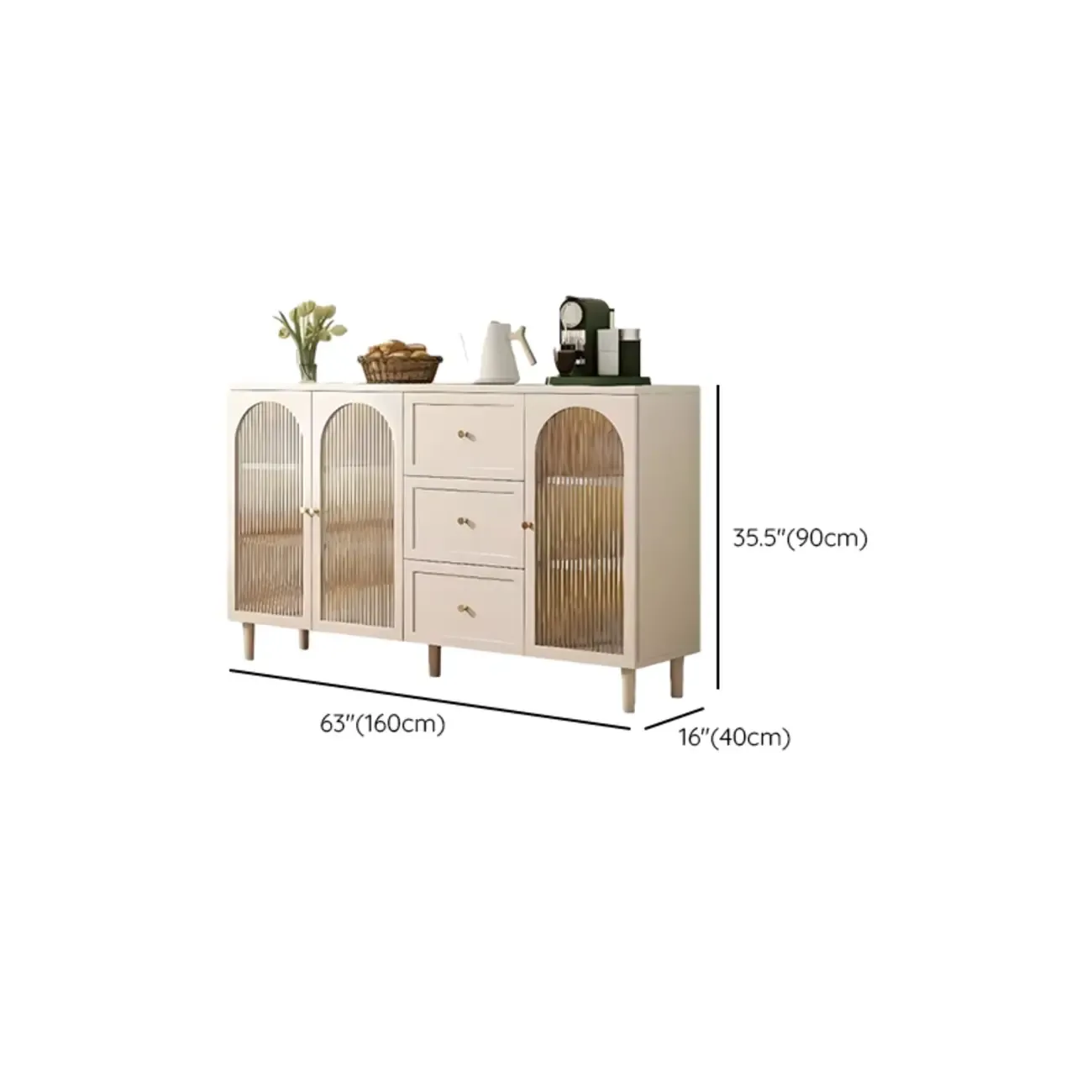 Minimalist Off-White Arched Glass Kitchen Sideboard Cabinet Image - 13
