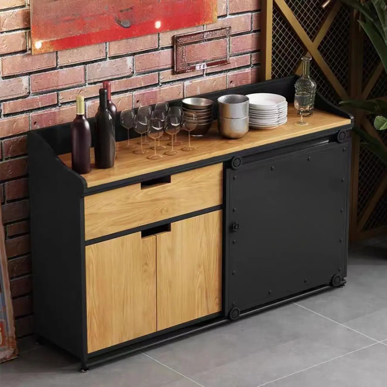 Industrial Sliding Door 4 Shelves Wooden Black Buffet Cabinet Image - 10 | homeyfad