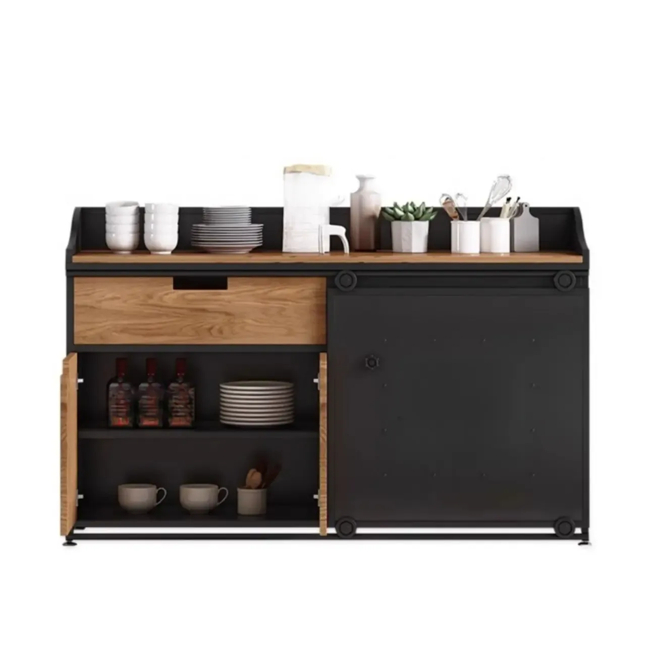 Industrial Sliding Door 4 Shelves Wooden Black Buffet Cabinet | HomeyFad