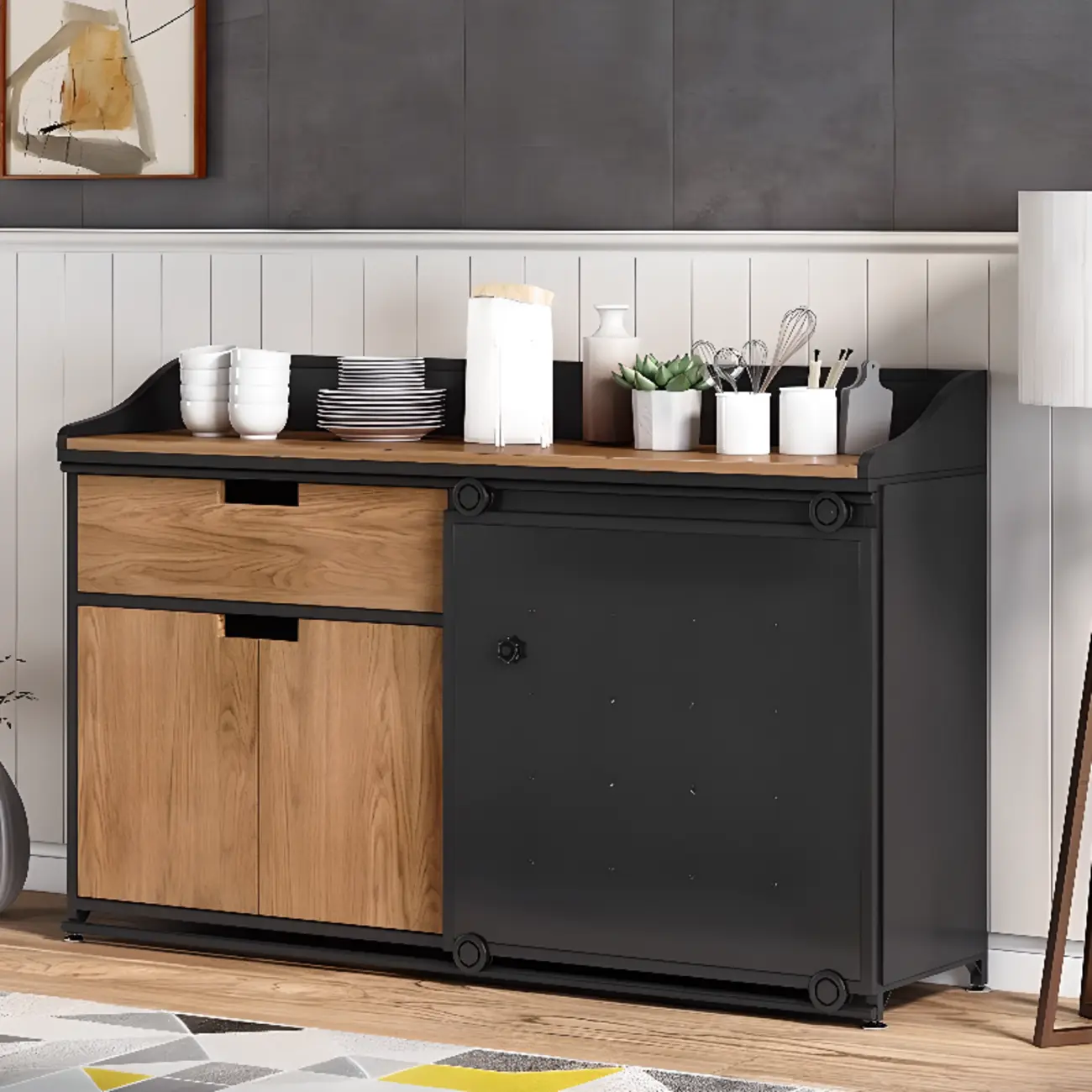 Industrial Sliding Door 4 Shelves Wooden Black Buffet Cabinet Image - 2 | homeyfad