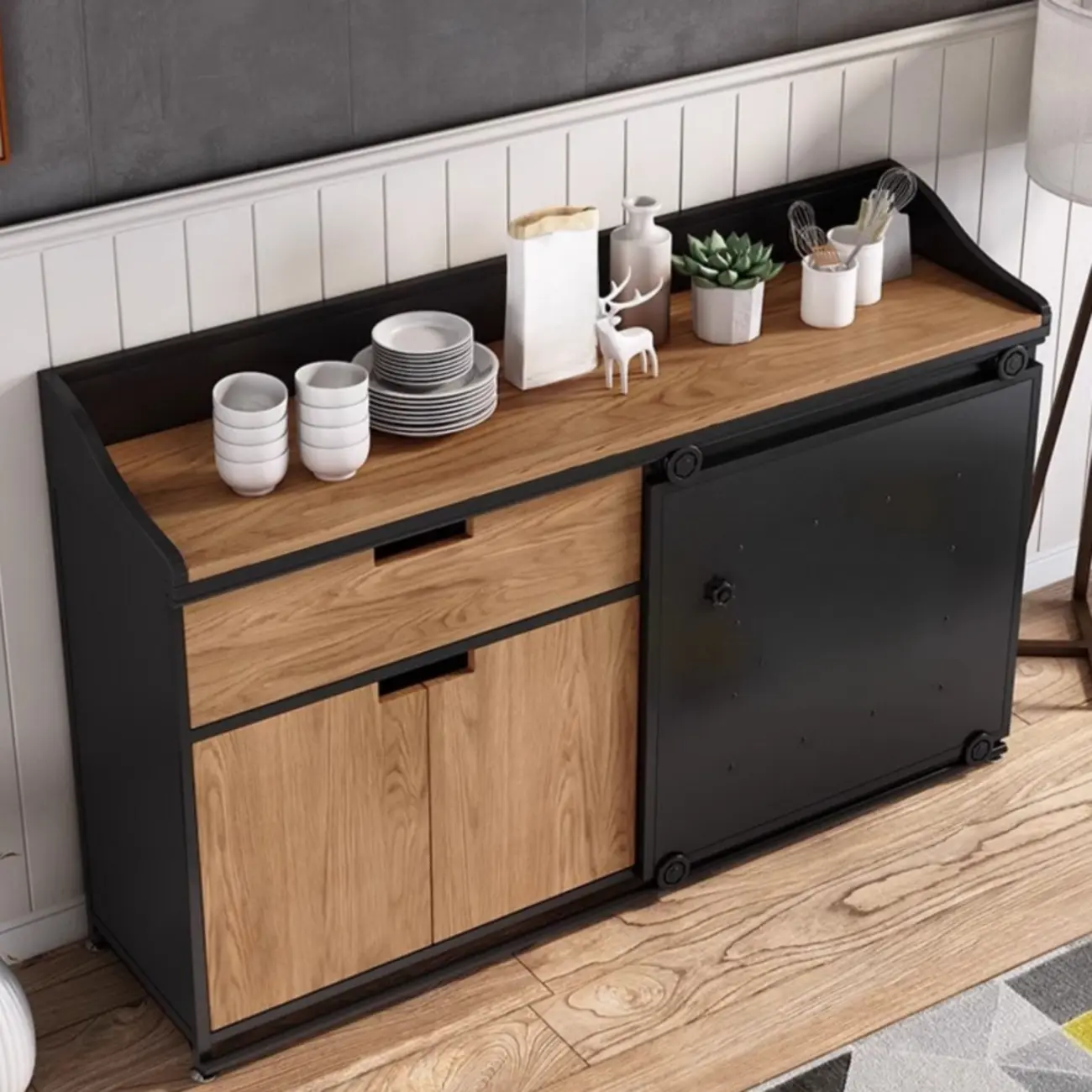 Industrial Sliding Door 4 Shelves Wooden Black Buffet Cabinet Image - 3 | homeyfad