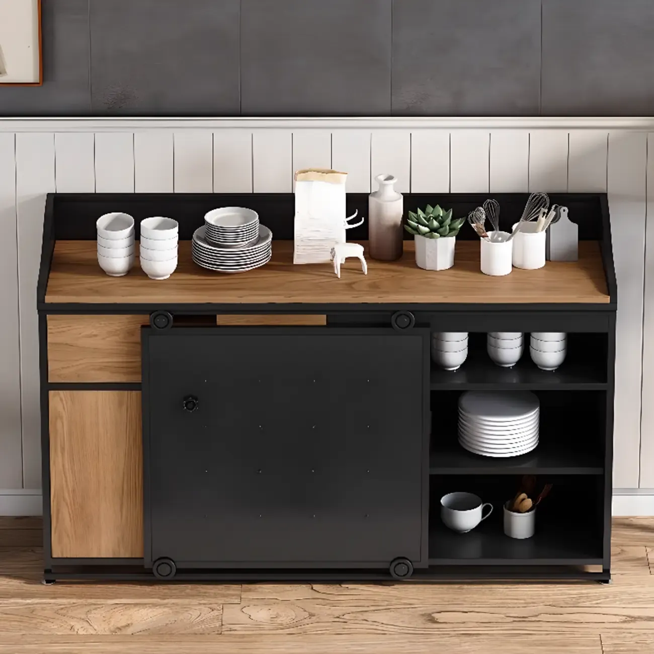 Industrial Sliding Door 4 Shelves Wooden Black Buffet Cabinet Image - 1