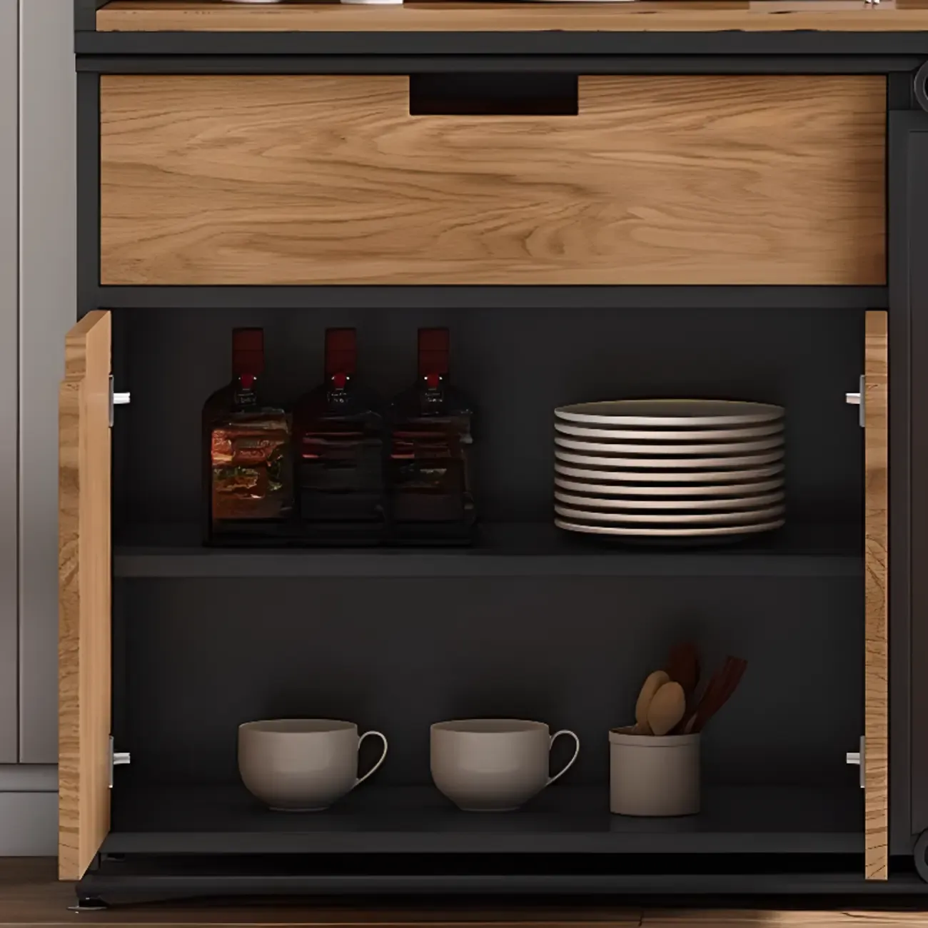 Industrial Sliding Door 4 Shelves Wooden Black Buffet Cabinet Image - 5