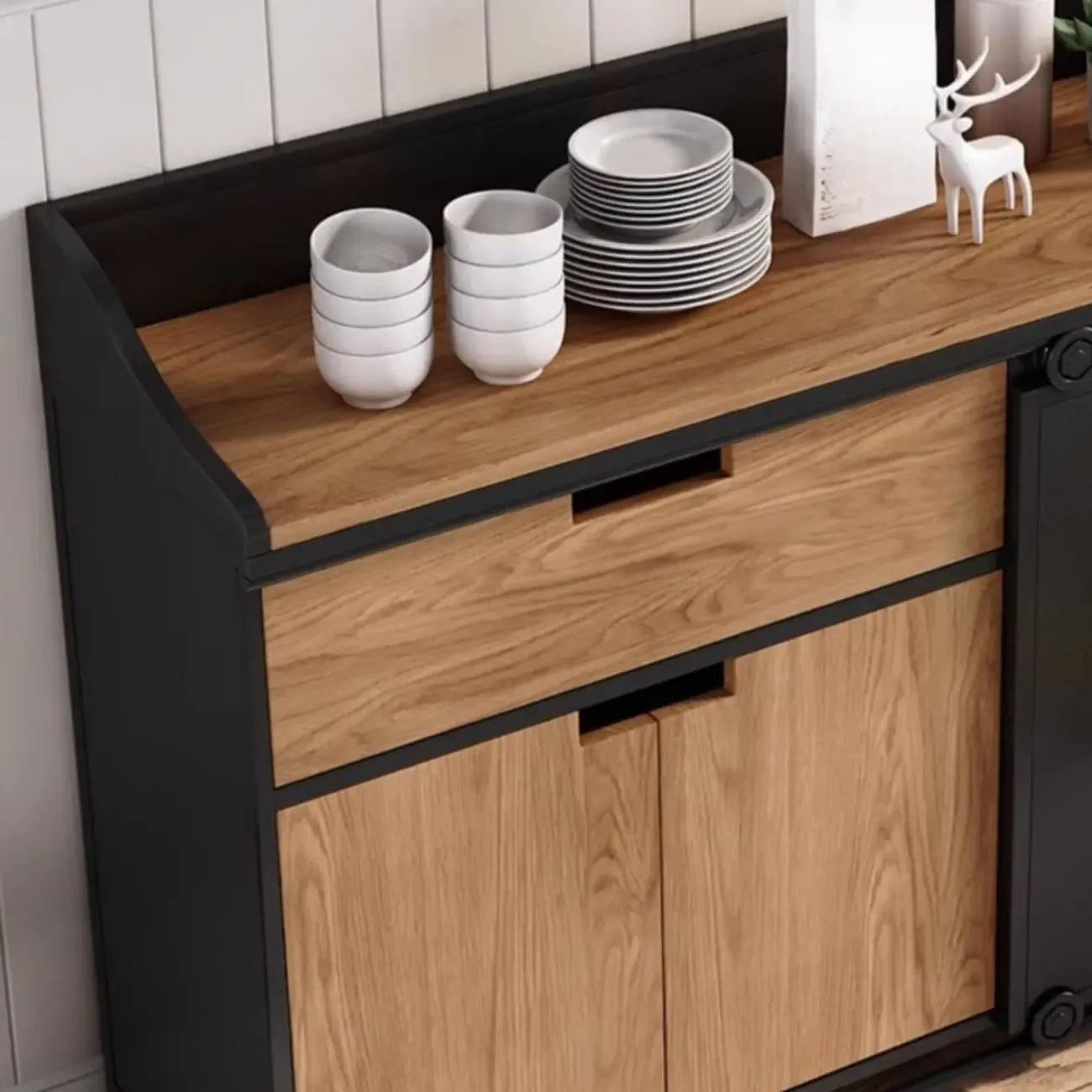 Industrial Sliding Door 4 Shelves Wooden Black Buffet Cabinet Image - 6