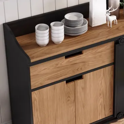Industrial Sliding Door 4 Shelves Wooden Black Buffet Cabinet Image - 6