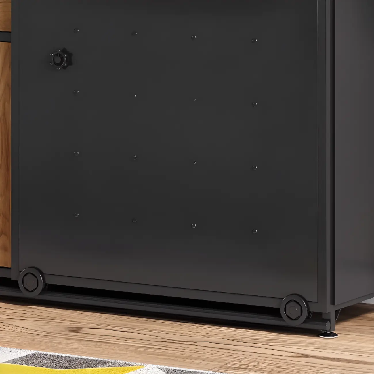 Industrial Sliding Door 4 Shelves Wooden Black Buffet Cabinet Image - 7 | homeyfad