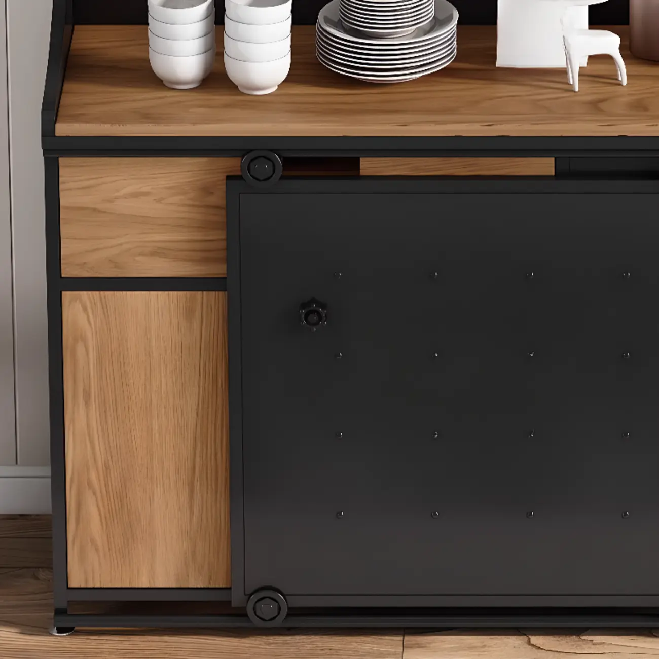 Industrial Sliding Door 4 Shelves Wooden Black Buffet Cabinet Image - 8 | homeyfad