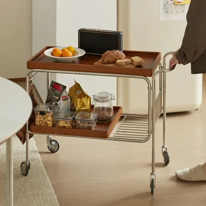 Brown Modern 2-Shelf Wood Rectangular Rolling Side Table Image - 2